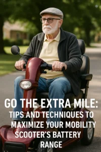 A high-resolution photograph of an elderly Caucasian man wearing a sun hat and sunglasses, confidently riding a red mobility scooter along a tree-lined park path on a sunny day, symbolizing freedom and extended battery range.