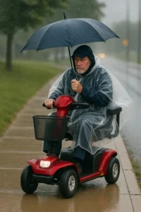 Older man in a rain poncho and cap rides a red mobility scooter along a wet sidewalk, holding a dark umbrella in rainy, windy conditions.