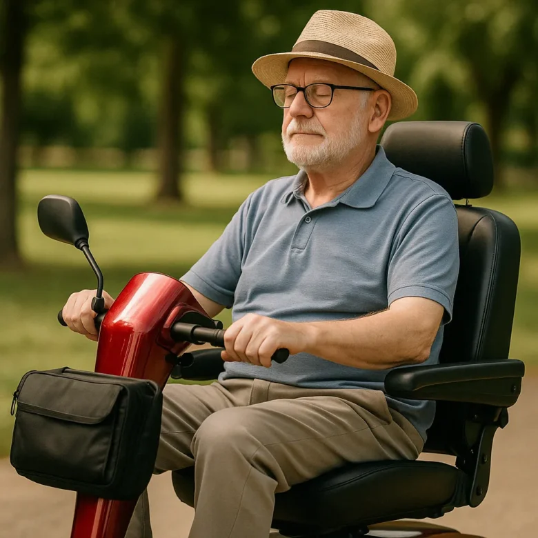 An elderly Caucasian man sitting upright on a mobility scooter in a park, wearing comfortable clothes and smiling, demonstrating proper posture and wellness during his ride.