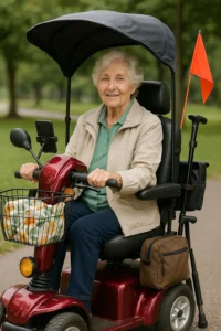 An elderly woman with short gray hair rides her mobility scooter outdoors, equipped with practical accessories including a front basket and rearview mirrors, illustrating how accessories enhance convenience and safety.