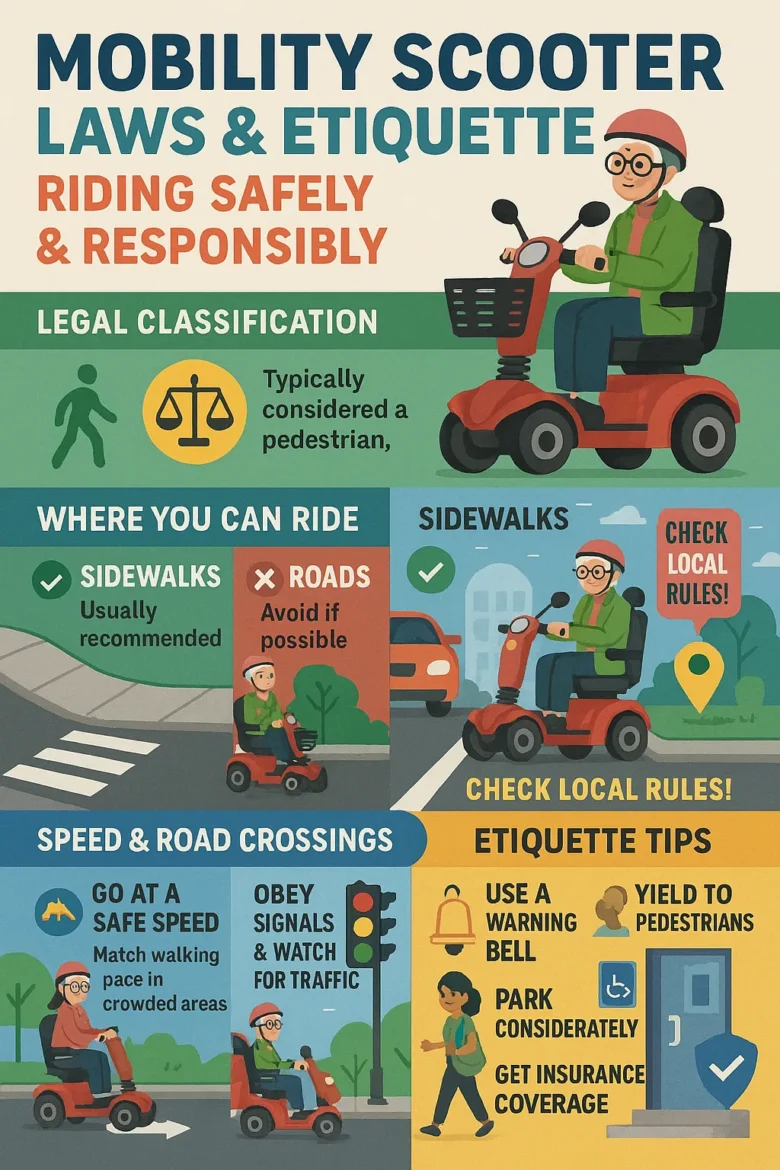 Infographic showing legal classifications, riding locations, speed tips, and etiquette rules for mobility scooter users. Includes icons of scooters on sidewalks, traffic signals, and safety actions like using a warning bell and yielding to pedestrians.