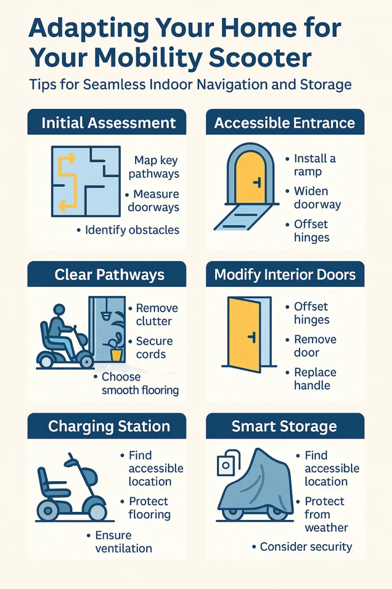 A flat-style infographic shows tips for modifying a home for mobility scooter use. It includes illustrations of a widened doorway, a rubber threshold ramp, a scooter charging station near an outlet, cleared hallways free of clutter, and labeled advice such as “Install offset hinges,” “Secure rugs,” and “Ensure at least 36 inches of clear path.” Icons of scooters, ramps, and home interiors help visualize practical solutions for accessible indoor navigation.