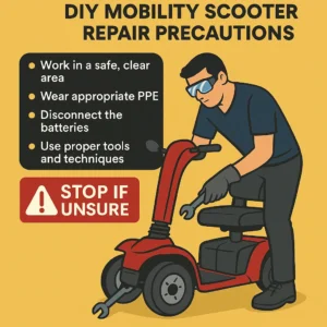 Illustrated infographic showing a person in safety gear repairing a red mobility scooter, with safety tips listed on the side including working in a clear area, wearing PPE, disconnecting batteries, and using proper tools. A warning box at the bottom reads “Stop if unsure.”