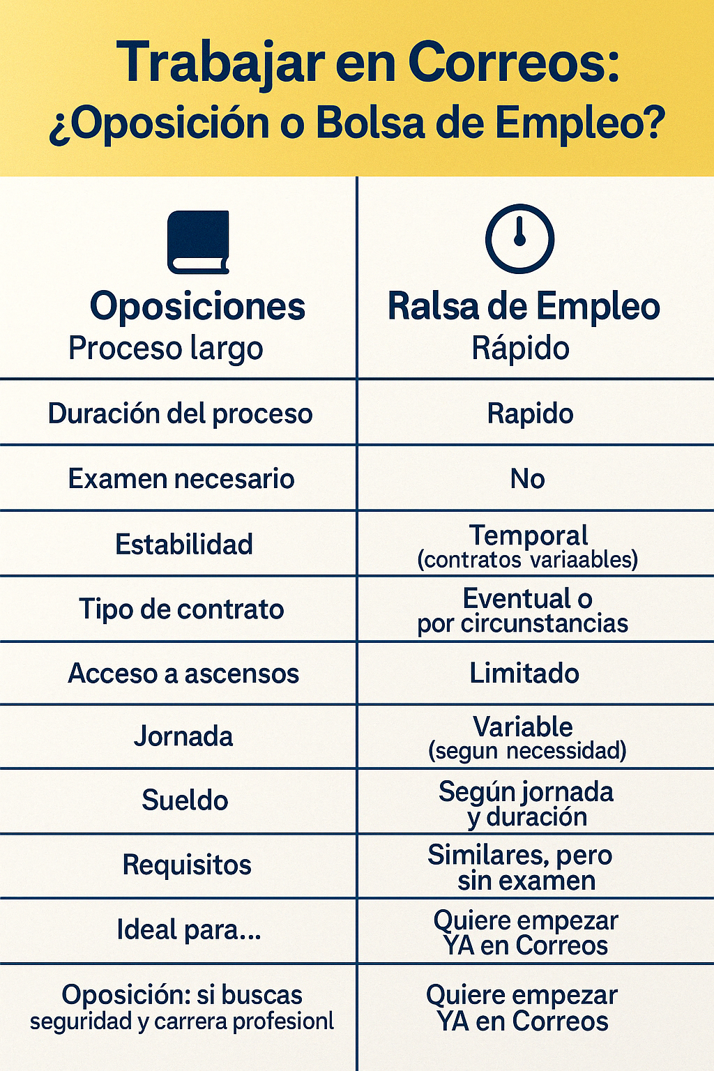 Infografía comparando Oposiciones (proceso largo, estable) vs Bolsas de Empleo (rápido, temporal) en Correos