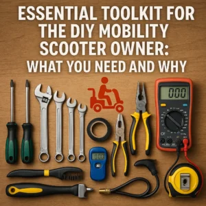 Split-color graphic showing a mobility scooter icon on a yellow background and a caution symbol on a dark blue background, with the central text “The Empowerment and Limits of DIY,” symbolizing the benefits and boundaries of do-it-yourself scooter repairs.