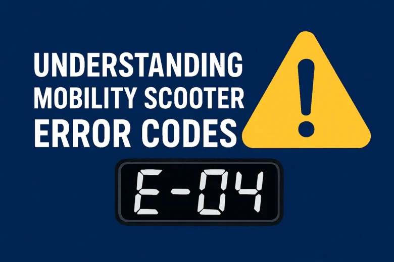 Graphic illustration with a bold title "Understanding Mobility Scooter Error Codes" on a dark blue background, featuring a yellow warning triangle and a digital display showing error code E-04.
