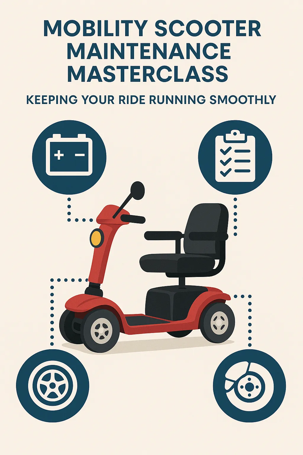 Illustrated infographic showing a mobility scooter surrounded by maintenance icons such as a battery, tire gauge, wrench, and checklist, with labeled sections for daily, weekly, and monthly care, representing a complete maintenance routine.