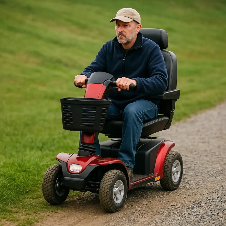 Middle-aged man confidently riding a mobility scooter across a grassy park area, demonstrating safe navigation of uneven terrain under bright daylight.