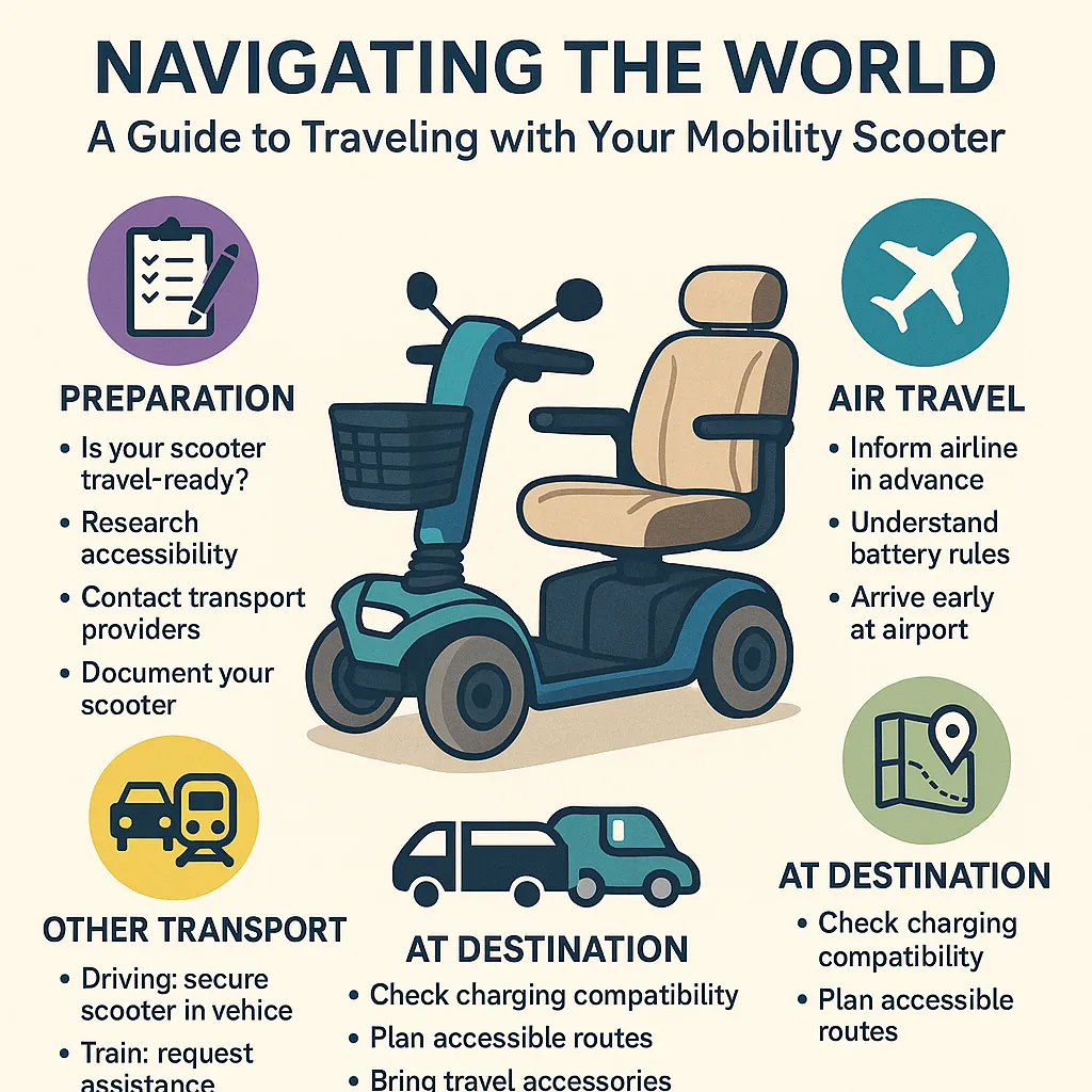 Colorful infographic showing key travel tips for mobility scooter users, including air travel regulations, battery guidelines, cruise ship accessibility, and essential travel accessories like voltage adapters, toolkits, and scooter covers.
