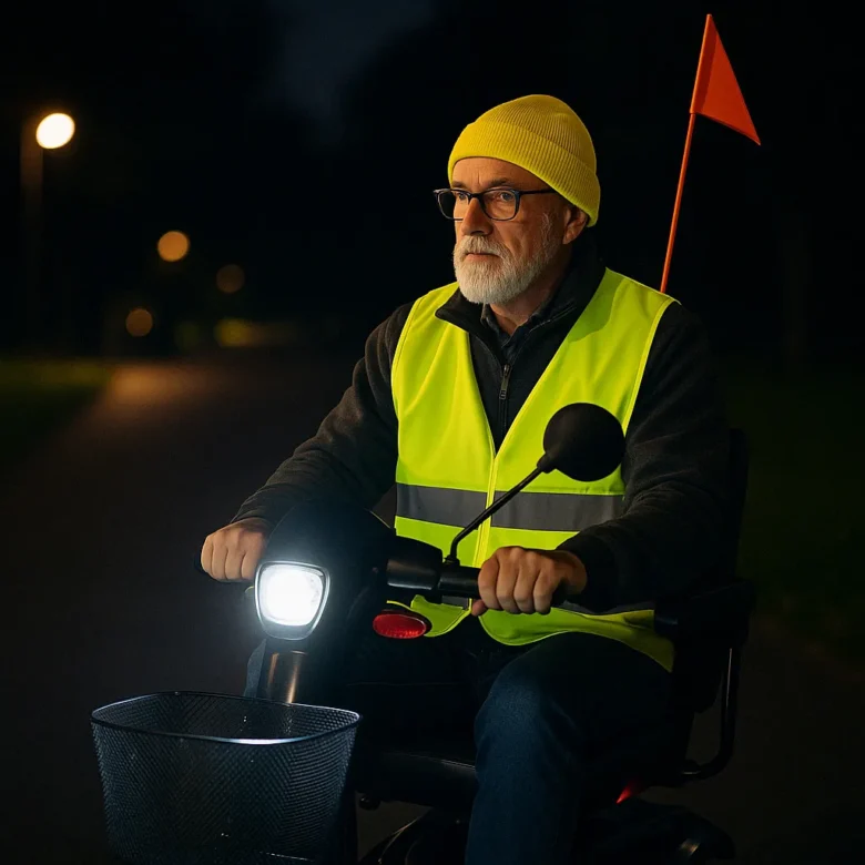 An older man rides a mobility scooter on a sidewalk at night, illuminated by bright headlights and surrounded by streetlights, demonstrating safe nighttime scooter use with visibility gear.