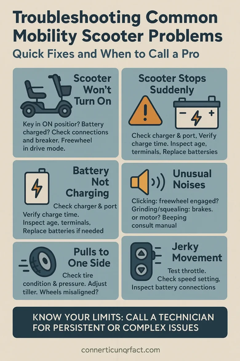 A clean, flat-style infographic illustrating common mobility scooter problems and their solutions. It features icons representing battery issues, control panel alerts, flat tires, jerky movement, and power failures. The layout is organized in clear sections with bold headings like “No Power,” “Stops Suddenly,” and “Charging Issues,” accompanied by visual checklists. The design uses calming blue and yellow tones to emphasize user-friendliness and accessibility.