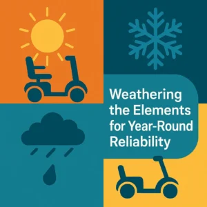 Illustrated infographic showing a mobility scooter in four seasonal contexts—under the sun, snowflake, raincloud, and clear sky—representing the impact of summer, winter, rain, and all-weather use, with the text "Weathering the Elements for Year-Round Reliability" at the center.